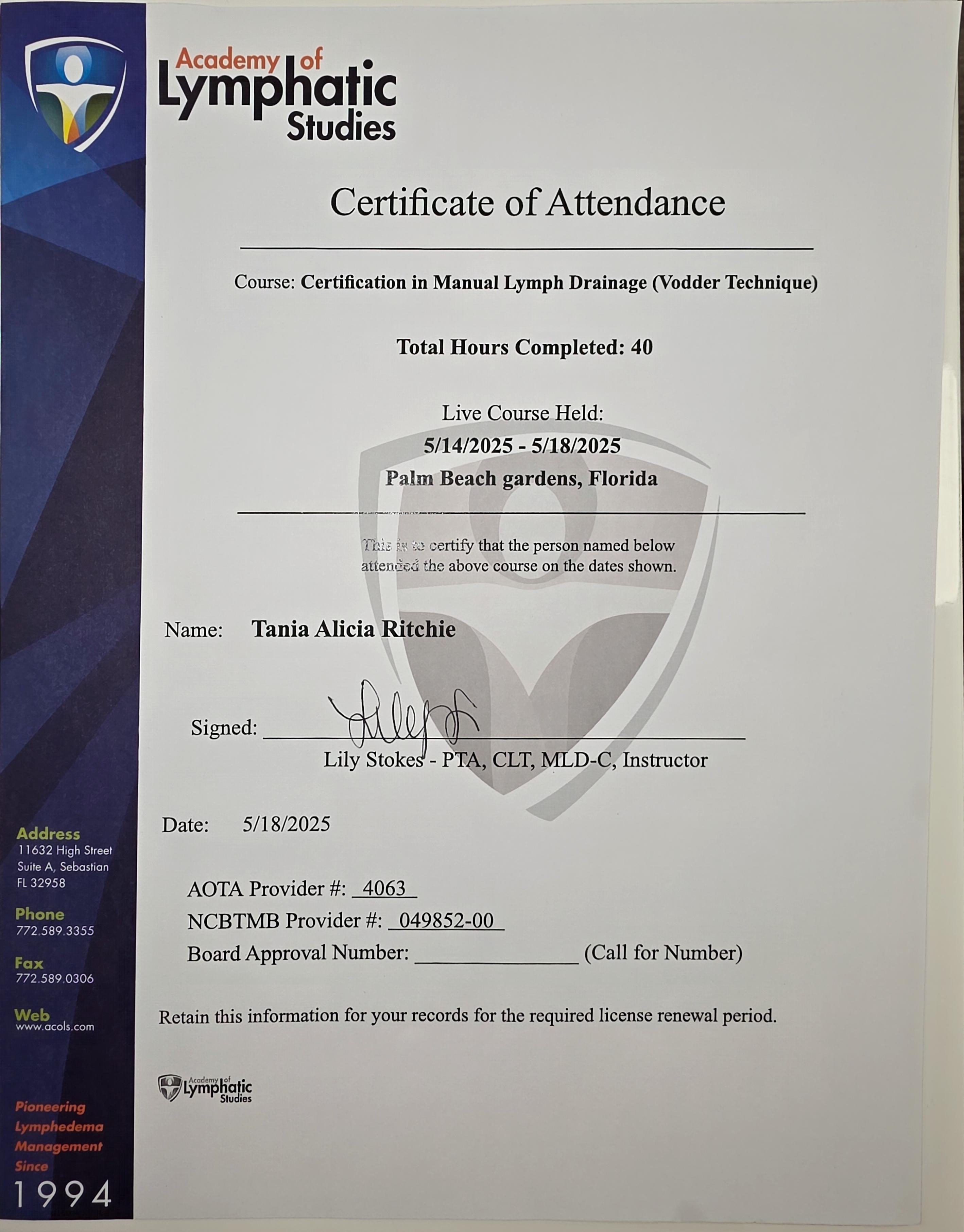 ACOLS certificate of attendance